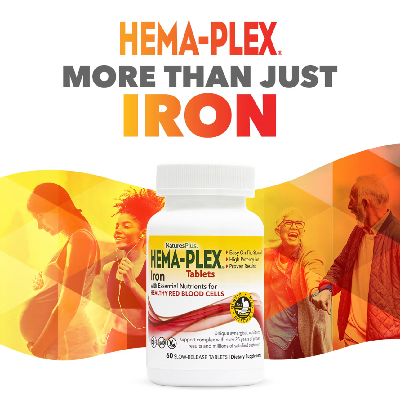 NaturesPlus, Hema-plex, железо с незаменимыми питательными веществами для здоровья эритроцитов, 60 таблеток с медленным высвобождением