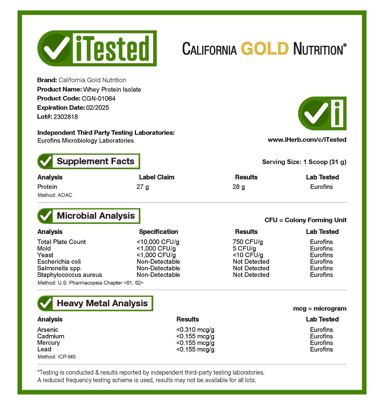 California Gold Nutrition, Протеин изолят сывороточный, 454 гр