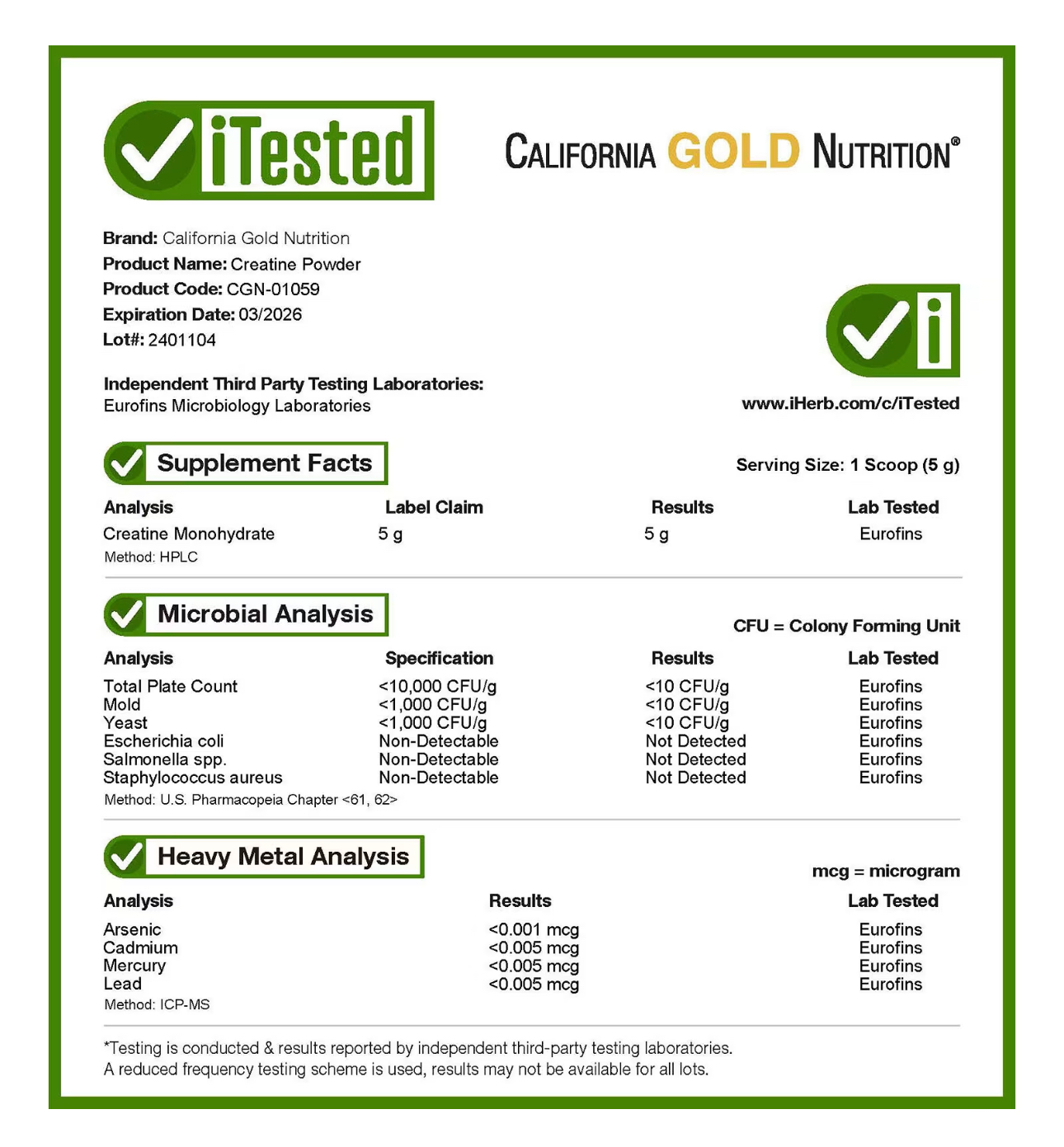 California Gold Nutrition, Креатин моногидрат , 454 гр