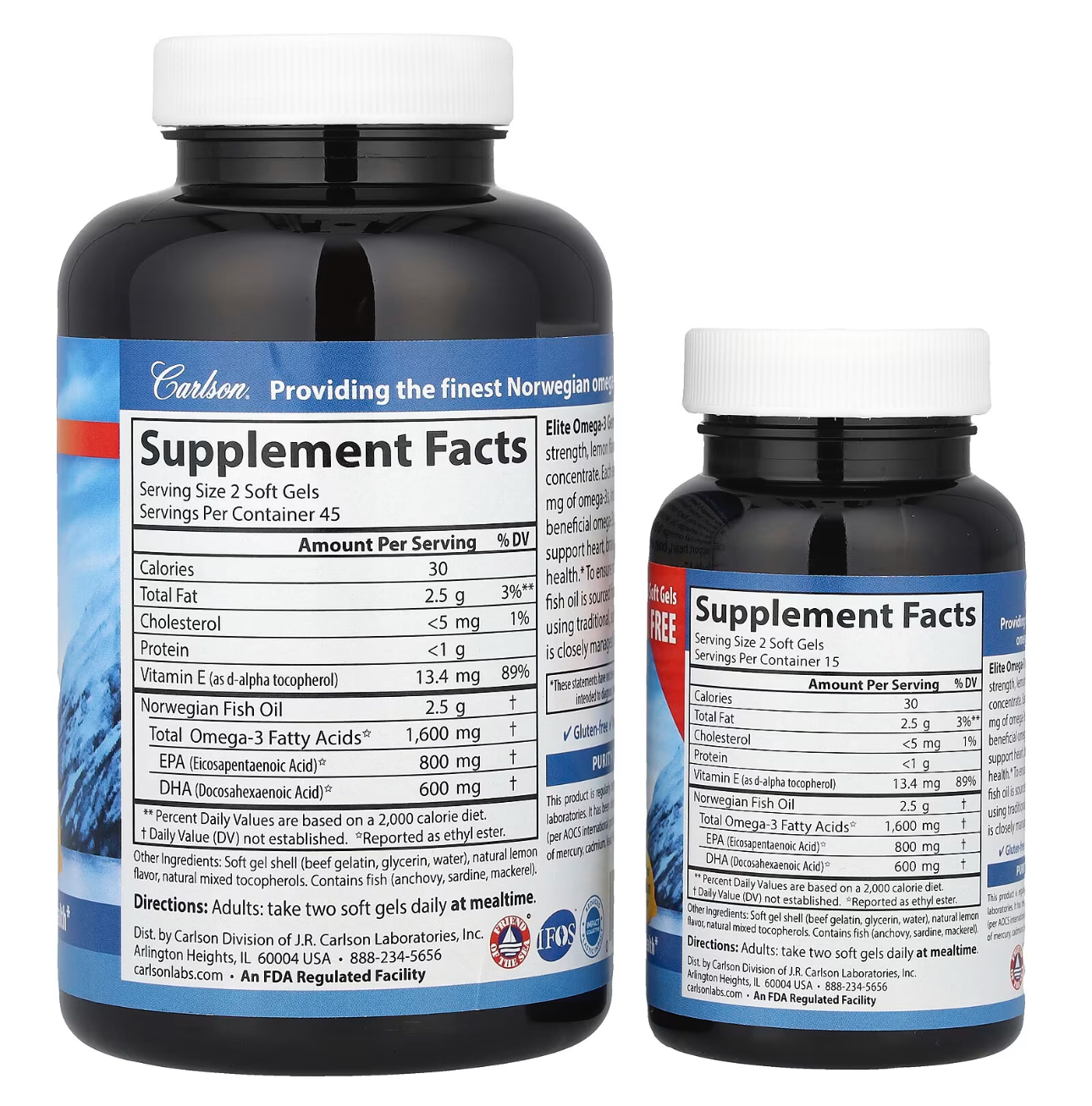 Carlson, Elite Omega 3, Омега 3, 1600 мг, лимонный вкус, 120 капсул
