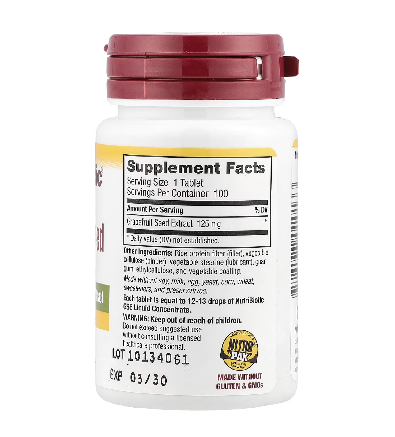 NutriBiotic, Экстракт семян грейпфрута, GSE в таблетках, 125 мг, 100 таблеток