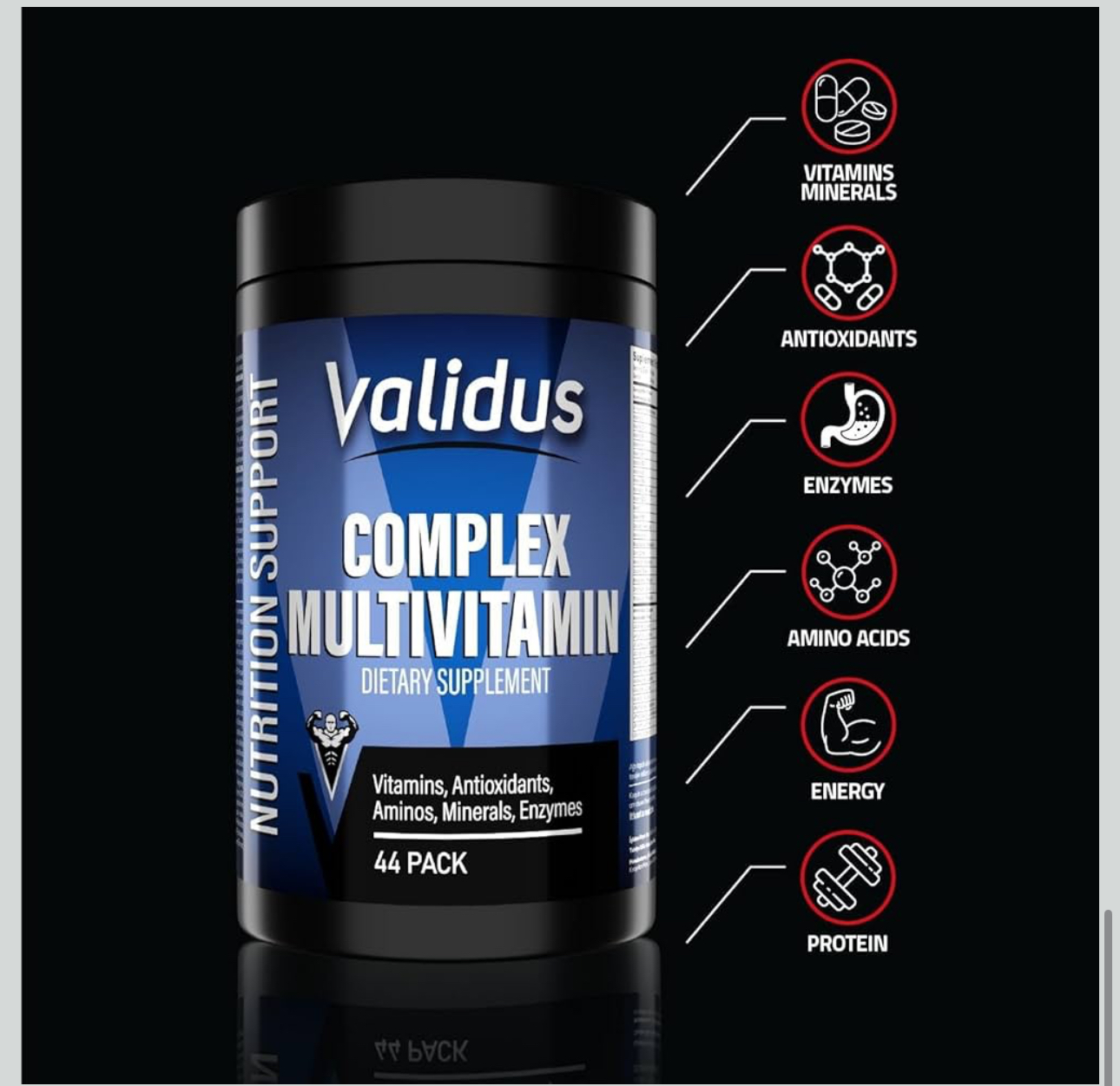 VALIDUS Мультивитаминный комплекс: витамины + минералы + антиоксиданты + аминокислоты + ферменты.   44 порции.