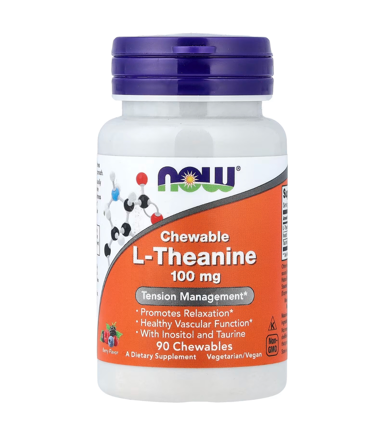 NOW, Л теанин, 100 мг, 90 жевательных Таблеток с ягодным вкусом