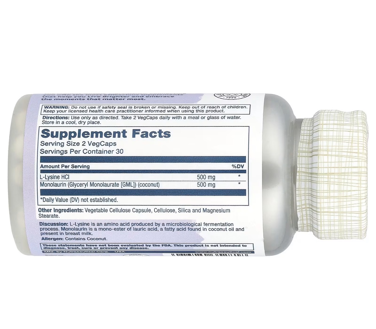 SOLARAY, Лизин с монолаурином, 60 капсул