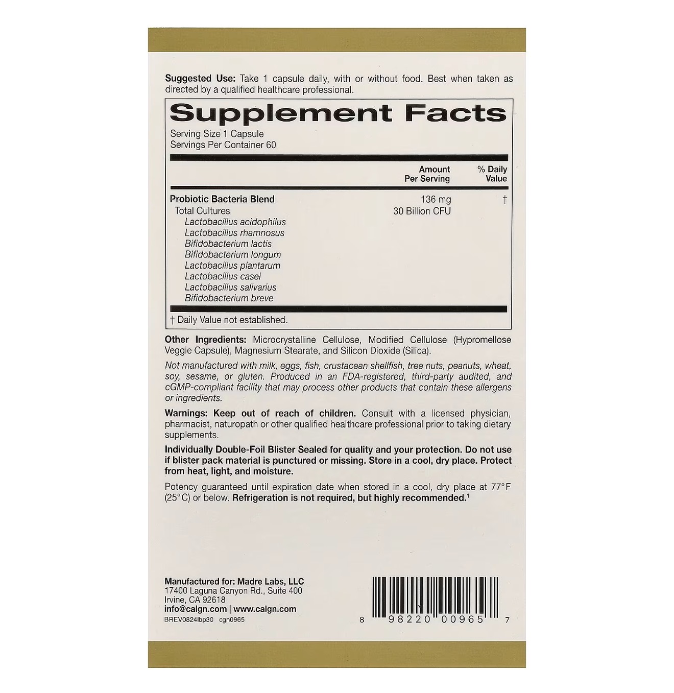 CALIFORNIA GOLD NUTRITION, LACTOBIF 5, Пробиотики, 30 биллионов, 60 капсул