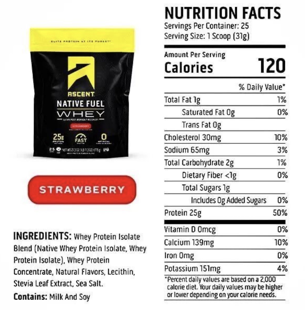 ASCENT, Изолят сывороточного протеина, 25 гр белка в порции, 29 порций, на выбор вкусы: КЛУБНИКА, ШОКОЛАД, ВАНИЛЬ