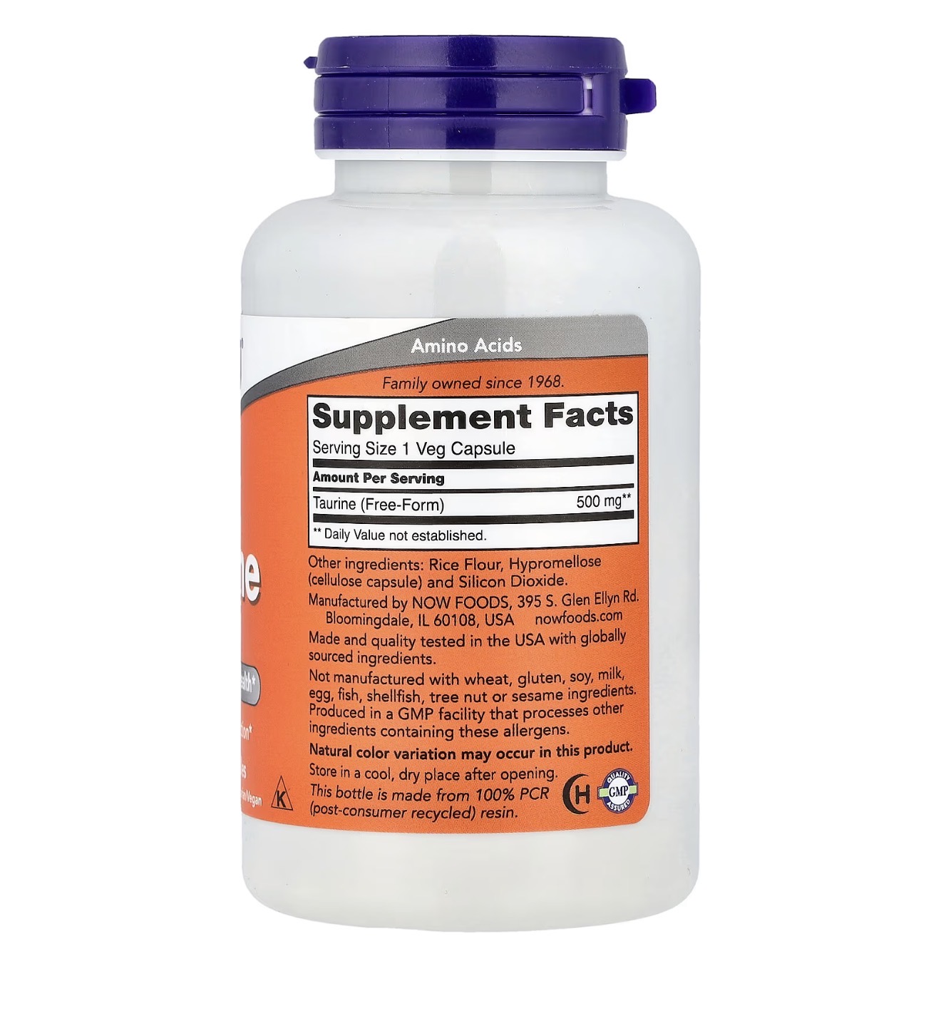 NOW, Таурин, 500 мг, 100 капсул