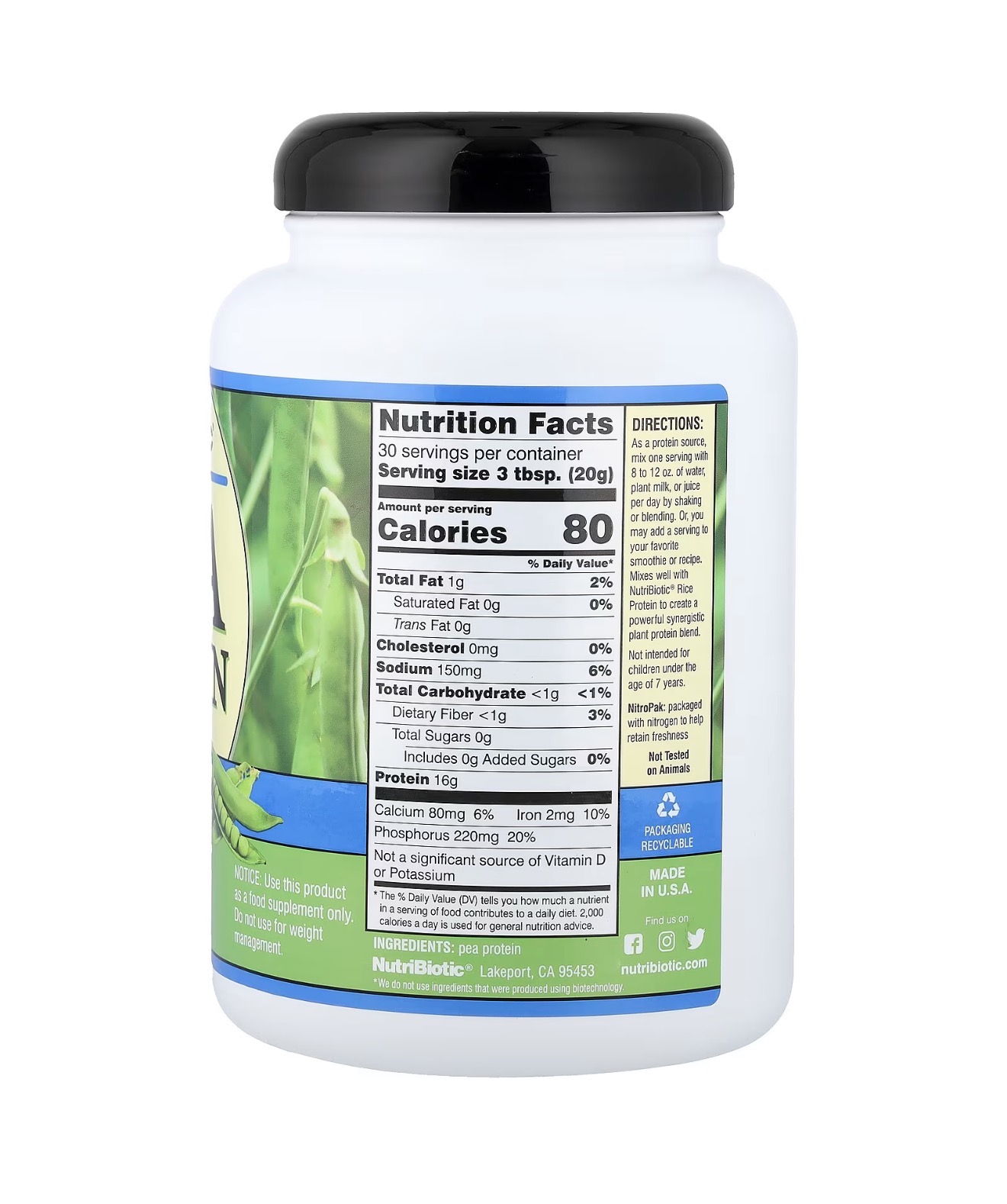 Nutribiotic, PEA PROTEIN, Гороховый протеин, 600 гр, 30 порций