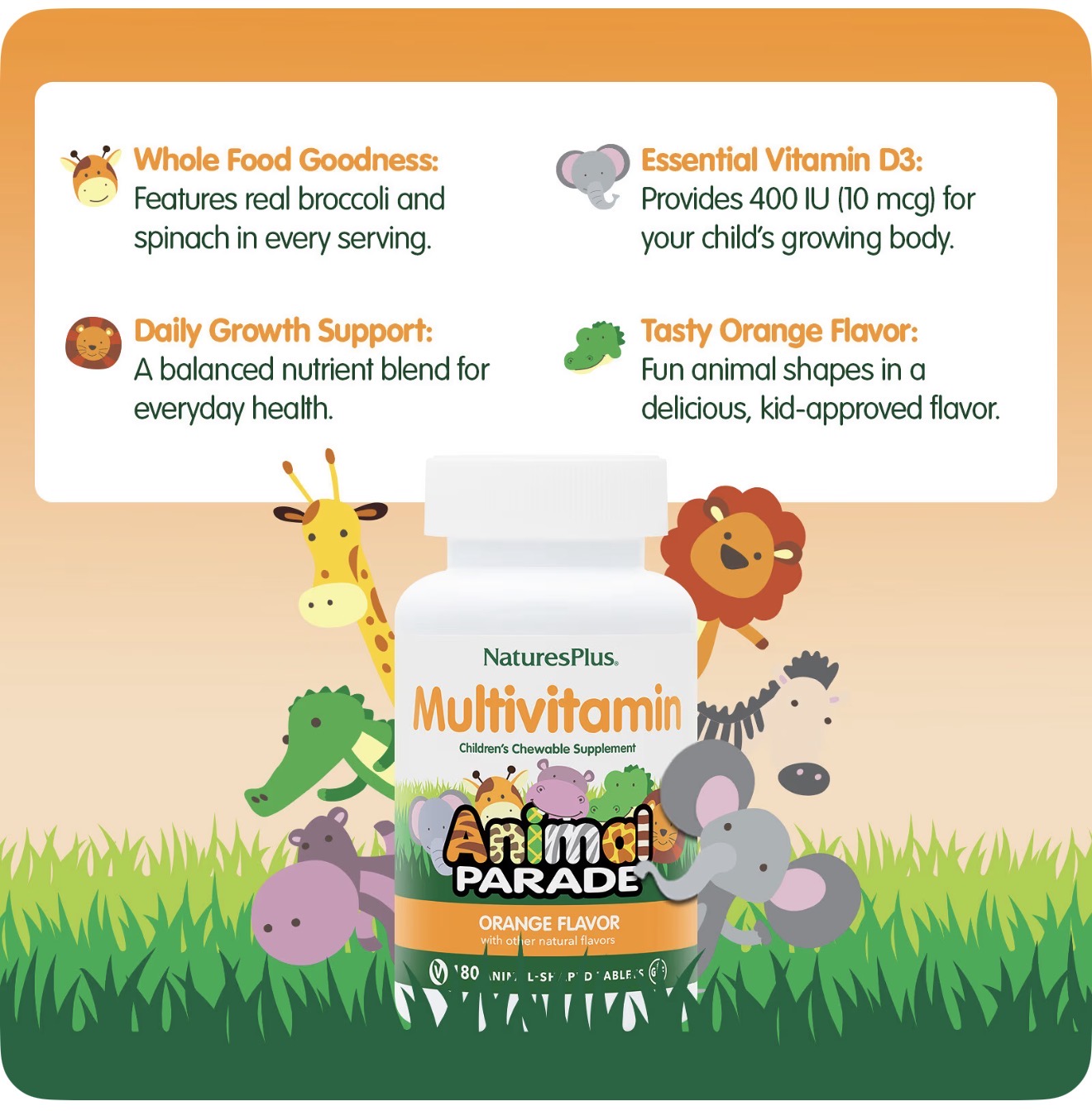 NaturesPlus Animal Parade®, жевательные мультивитамины для детей, со вкусом апельсина, 180 таблеток в форме животных