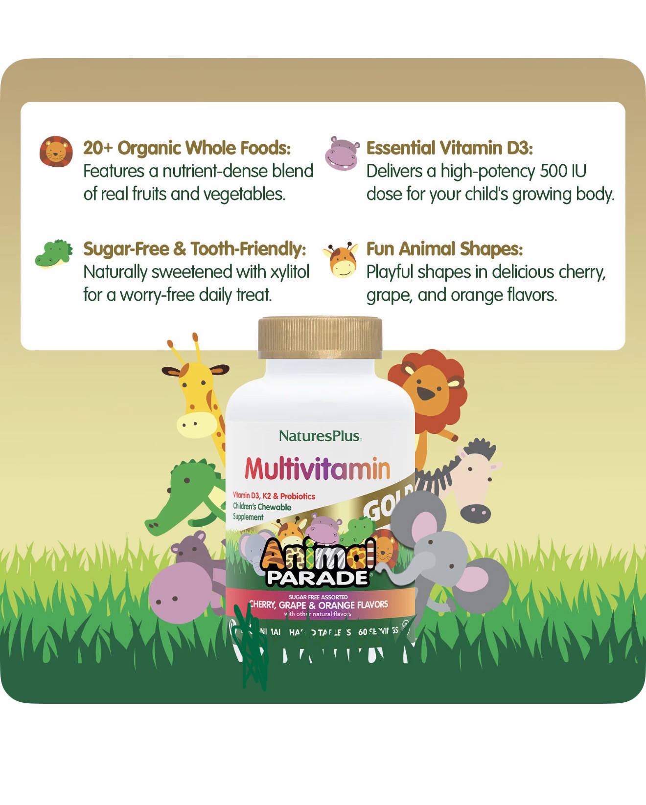 Natures Plus, Animal parade, multivitamin gold, 60 жевательных конфет